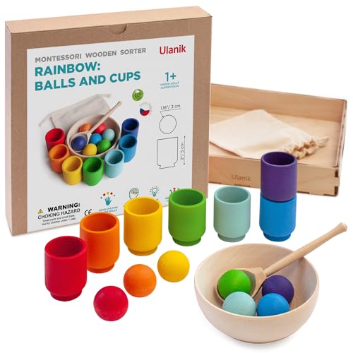 Ulanik Bolas de Arco Iris en Tazas Juguete Montessori Juego Clasificador de Madera 7 Bolas 30 mm Edad 1+ Clasificación y Conteo de Colores Educación de Aprendizaje Preescolar