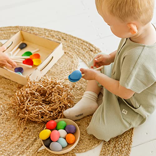 Ulanik Huevos y Cucharas Juguete Montessori Juego Clasificador de Madera 12 Huevos 45 mm Edad 1+ Clasificación y Conteo de Colores Educación de Aprendizaje Preescolar