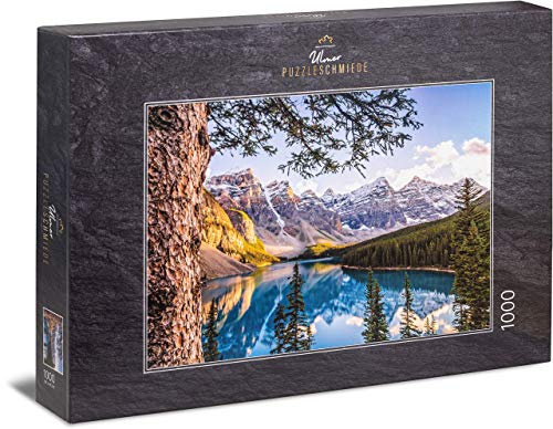 Ulmer Puzzleschmiede - Puzzle Lago Moraine - Puzzle de 1000 Piezas - El Panorama montañoso de Canadá en el Espejo del Lago Glaciar Azul