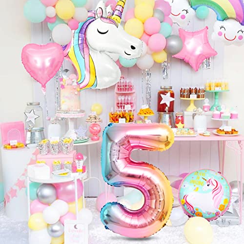Unicornio Decoraciones Cumpleaños 5 Años, 3D Globos de Unicornio, Globos de Nube y Arcoíris, 5 Años Fiesta Cumpleaños Niñas, Suministros de Fiesta de Cumpleaños Unicornio