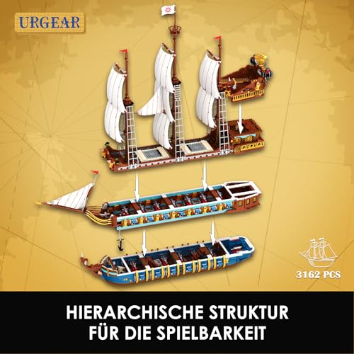 URGEAR Gran Set de Construcción de Barco Pirata - 3162 Piezas - Coleccionable Barco Vikingo para Adultos Hombres para Construir y Exhibir, Barco de la Flota Real Compatible con Lego