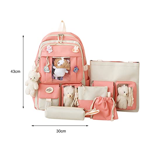 Usper Kawaii - Juego de 5 bolsas escolares estéticas, bonita mochila con colgantes y alfileres para adolescentes y niñas, rosa