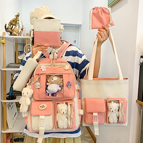 Usper Kawaii - Juego de 5 bolsas escolares estéticas, bonita mochila con colgantes y alfileres para adolescentes y niñas, rosa