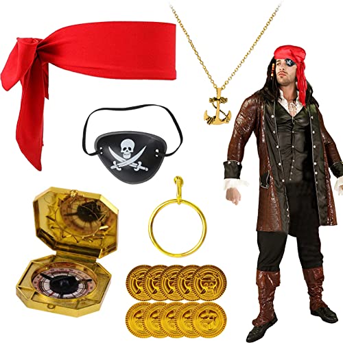 UYDF Accesorios para Disfraces de Piratas, Juego de Accesorios Disfraz Pirata, Set de Rol de Pirata, Bandana de Pirata, Aretes de Aro, Parche de Ojo, Collar, Brújula y Moneda para Halloween Cosplay