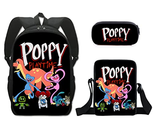 V-mix Poppy Playtime Mochila para niños 3 piezas de bolsa a prueba de agua Mochila de estudiante + bolsa de mensajero y caja de lápiz (H)