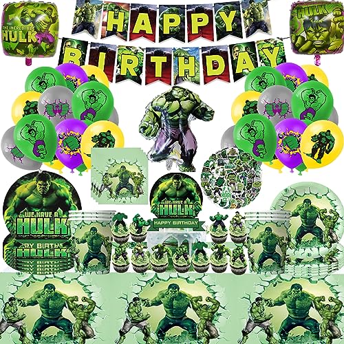 Vajilla Hulk,Decoracion Cumpleaños Vajilla Hulk,Juego de Vajilla Fiesta Hulk,Globos ,Mantel,Banners,Plato,Decoración Cumpleaños Niños