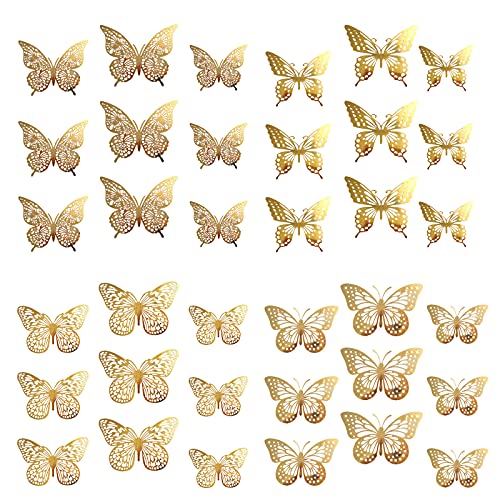 VEGCOO 48 adornos dorados de mariposa 3D para cupcakes, decoración de pasteles de mariposa hueca para cumpleaños, boda, fiesta/decoración de pared