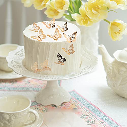 VEGCOO 48 adornos dorados de mariposa 3D para cupcakes, decoración de pasteles de mariposa hueca para cumpleaños, boda, fiesta/decoración de pared