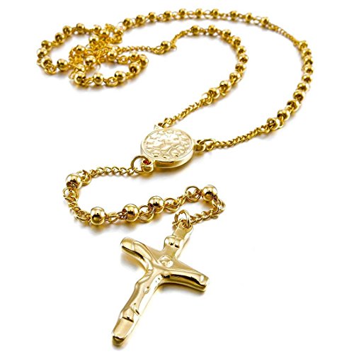 Viudecce Acero Inoxidable Colgante Collar Oro Jesus Cristo Crucifijo Cruzar Cruz Rosario Retro 23 Pulgada Cadena Hombre,Mujer
