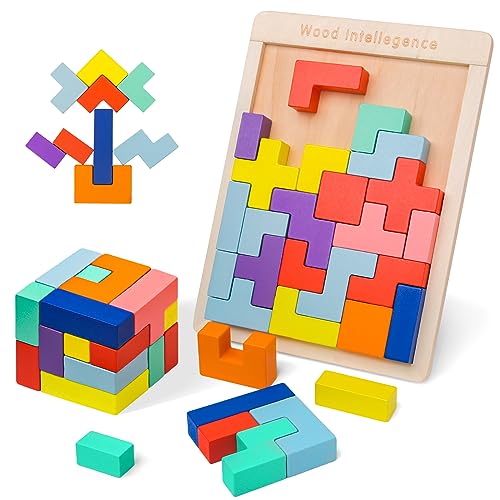 VORHOT Tetris Puzzle 3D Madera, Juego Rompecabezas con 30 Colorido Bloques Geométricos, Juguetes Montessori Niños 3 4 5 Años, Inteligencia Cerebro Jigsaw, Stem Educativo Regalo