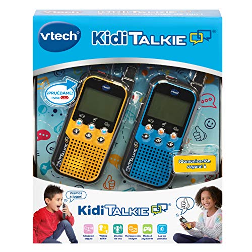 VTech - KidiTalkie 6 en 1, Walkie-Talkie para niños, Envía mensajes y Juega con una conexión segura, Color Azul-Amarillo, Versión ESP