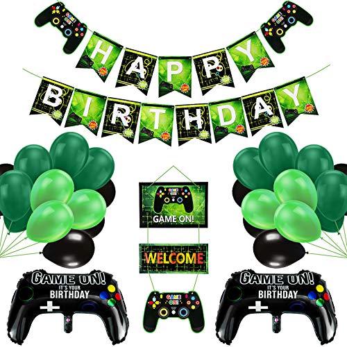 Vubkkty Decoración de cumpleaños para niño, controlador de juegos de videojuegos para fiestas y globos verdes y negros, juego de feliz cumpleaños en pancarta de bienvenida para niños de 5 6 7 8 9 años