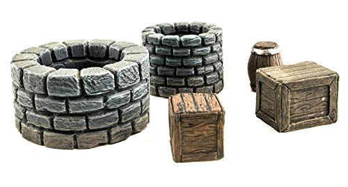 War World Gaming Fantasy Village - Set de Pozos, barriles y Cajas - 28mm Wargaming Medieval Miniaturas Maquetas Dioramas Edificios Wargames Guerra Aldea Edad Media