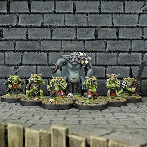 War World Gaming Goblin Gang con Trol y Goblin con Motosierra - Escala 28mm Fantasía Miniaturas Minis Troll Criatura Edad Media Coleccionismo Figuras Wargame Medieval Maqueta Wargaming Goblins