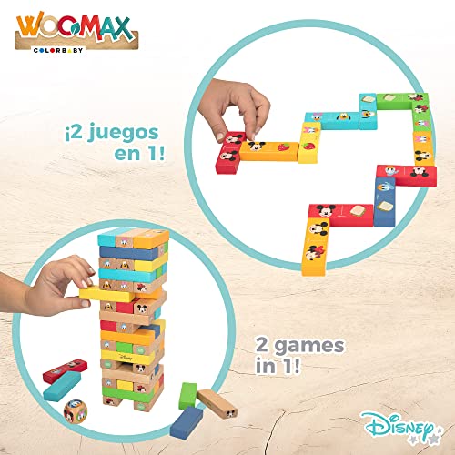 WOOMAX Disney - Torre de bloques infantil Disney, Juego apilable de Mickey, Juego de construcción para niños 4 años, Bloques de madera, Juguetes de madera, +4 años