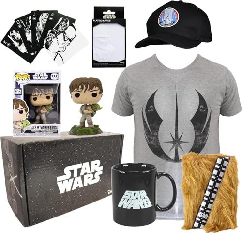 WOOTBOX Juego de Regalo de 6 Piezas de Star Wars Pop Luke Skywalker y Yoda, Cartas de Juego, Taza de 350 ml, Cuaderno Chewbacca A5, Sombrero de la Alianza Rebelde y (Camiseta 2XL)