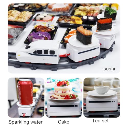 Woyibel Tren de sushi, mesa giratoria, juguetes de tren de alimentos, juguete eléctrico de pista de tren de sushi, tren de bar para fiesta, exhibición de sushi, funciona con pilas