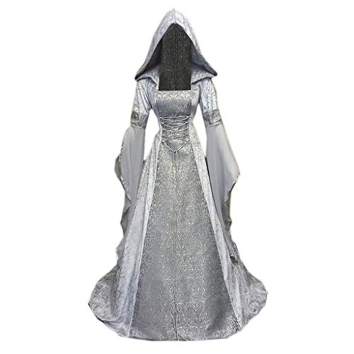 WOZOW - Vestido medieval con capucha, disfraz de Halloween y niña, manga larga, disfraz para adulto, cosplay, vampiro, bruja, reina, Toussaint Carnaval, drama fiesta (gris, 4XL)