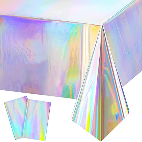 Xinfin Paquete de 2 manteles de plástico iridiscencia desechables para mesa láser, manteles rectangulares brillantes, cumpleaños, decoraciones de 54x108 pulgadas (láser)
