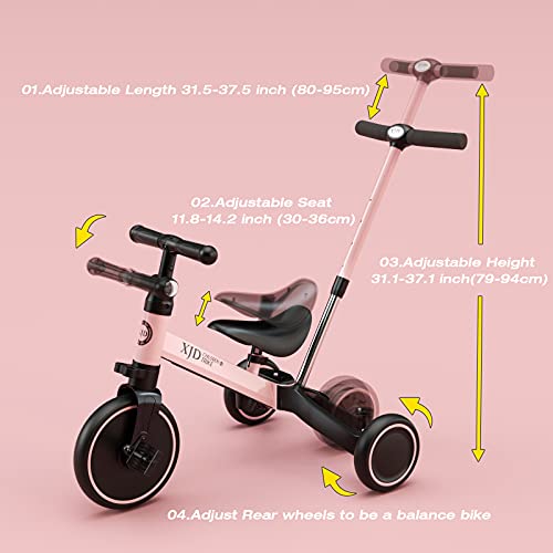 XJD 3 en 1 Triciclo para Niños de 10 a 36 Meses Bicicletas sin pedales para Bebés con Ajustable Asiento Manillar y Desmontables Pedales 1 Año Regalo de cumpleaños (4 en 1 con manillar de empuje, Rosa)