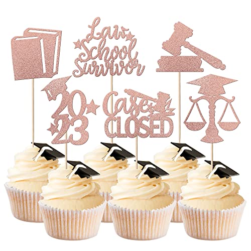 Xsstarmi Paquete de 36 adornos para cupcakes de graduación 2023 con purpurina clase de 2023, gorra de graduación, superviviente de la escuela de derecho, púas para cupcakes para abogados de graduación