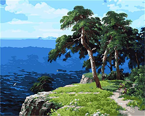 YEESAM ART Pintura de bricolaje por números para adultos principiantes niños, azul mar verde árboles paisaje de montaña 40,6 x 50,8 cm lienzo de lino acrílico estrés menos número pintura regalos