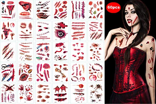 YIKEF Disfraces de Halloween Tatuajes de Zombis, Maquillaje para Decoraciones de Fiesta de Halloween, Body Scar Stickers para Cosplay 60 Hojas (Tatuajes de Zombis)