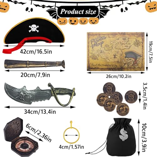 YIMOJOY Juego de 8 accesorios para disfraces de pirata, incluye sombrero sable parche ocular pendiente dorado telescopio calavera bolsa - accesorios de pirata para niño disfraz de halloween carnaval