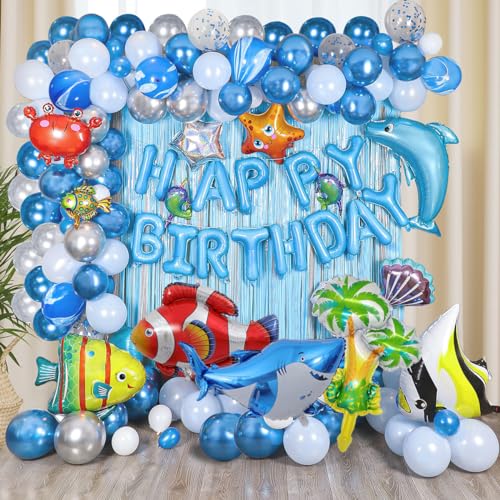YinQin 176 piezas globos decorados para la fiesta de cumpleaños del Océano azul contienen bombas de aire, globos felices de cumpleaños del mundo marino, globos de cumpleaños del bebé tiburón (azul)