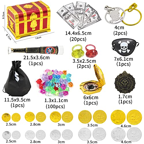YISKY Monedas de Oro Pirata, 100 Gemas de Colores Piratas, Piratas del Tesoro Cofre del Tesoro, Juguete de Pirata Monedas, Juego de Tesoro Pirata para Cumpleaños Los Niños, Fiestas Temáticas Piratas