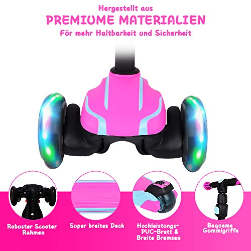 YOLEO Patinete de 3 ruedas LED para niños, patinete infantil plegable de 3 a 12 años, altura ajustable en 4 niveles para niñas y niños, carga máxima 50 kg, juguete ideal