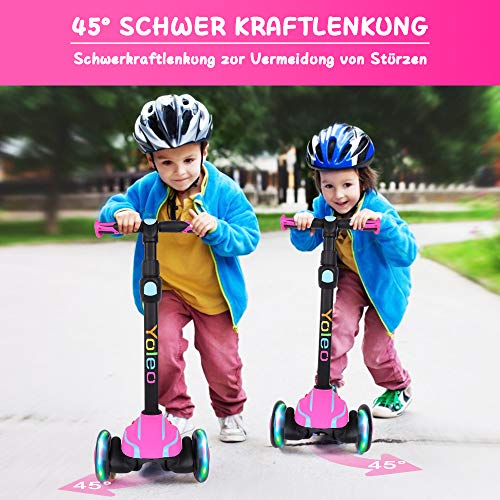 YOLEO Patinete de 3 ruedas LED para niños, patinete infantil plegable de 3 a 12 años, altura ajustable en 4 niveles para niñas y niños, carga máxima 50 kg, juguete ideal