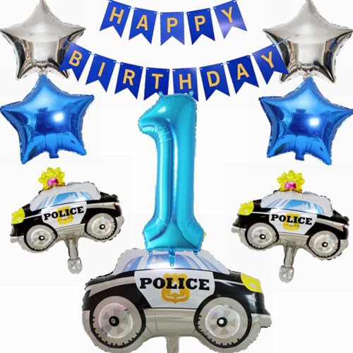 Yunchu Online 1. Decoración de cumpleaños de policía, decoración de tartas, globos de policía, 1 cumpleaños, globos azules, número 1, globos de helio para fiestas temáticas de policía, niños, fiestas