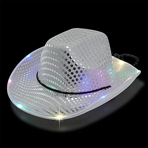 ZFVEN LED Lid Light Upcowgirl Hat Flashing Lights Luminous Sombreros Luminosos Grillo de Moda Cowboy Hat Cow Chica Cosa Fun Rodeo Sombreros de Fiesta (Silver)