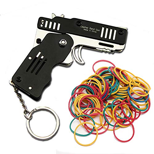 Zhou-long Pistola de banda de goma mini de metal plegable de 6 disparos con llavero y banda de goma 100+