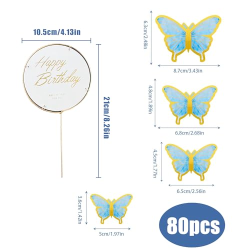 ZIOYA Mariposas Pastel 80 Piezas Toppers Adornos para Tarta Mariposas Cumpleaños para Fiestas de Cumpleaños Bodas Aniversarios (Azul)