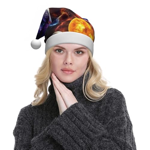 ZORIN Sombreros de Navidad Galaxy Earth Planets Space Plush Trim Unisex Sombrero de Papá Noel para fiestas de vacaciones, cosplay, adorno de Navidad para hombres, mujeres y adultos