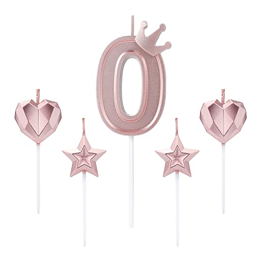 1 Juego 7,6 cm Velas de Cumpleaños, que Incluye 1 Vela de Número Principal de Pastel de Corona, 2 Velas de Estrella y 2 Velas de Corazón para Cumpleaños, Aniversario, Fiestas (Oro Rosa, 0)