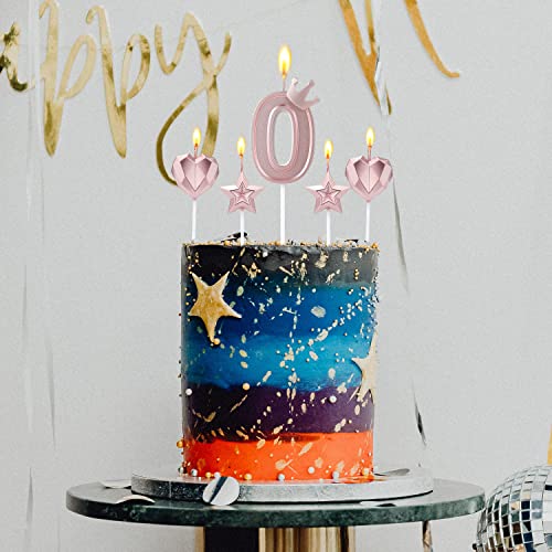 1 Juego 7,6 cm Velas de Cumpleaños, que Incluye 1 Vela de Número Principal de Pastel de Corona, 2 Velas de Estrella y 2 Velas de Corazón para Cumpleaños, Aniversario, Fiestas (Oro Rosa, 0)
