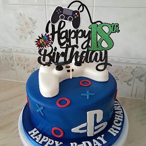 1 pieza 18th Videojuego Decoración para tartas Glitter Cumpleaños Cake Topper Gaming Happy Birthday Pastel Decoración Tema Cake Decoración para Niños Cumpleaños Niños Juego Tema Fiesta Decoración