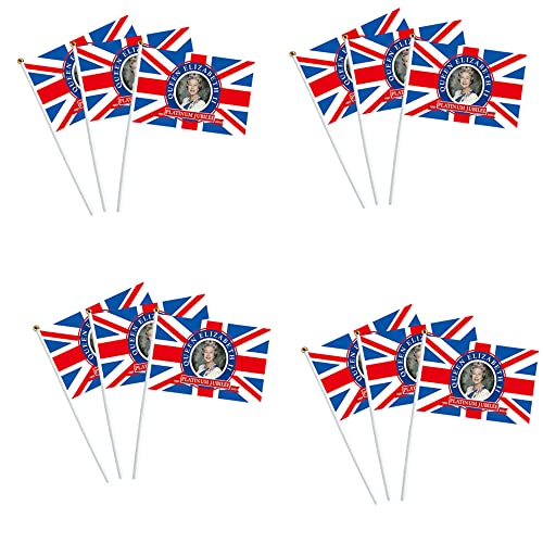12 banderas de la reina del jubileo de platino que ondea las manos de la reina del 70 aniversario bandera de la unión Jack con su majestad la reina Isabel II 14 x 21 cm