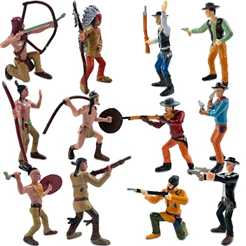 12 piezas de juguete de plástico de los vaqueros del salvaje oeste e indios nativos americanos soldados, juego occidental realista en varias posturas y armas