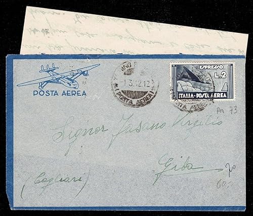 1942 Lettera Posta Aerea da Torino a Giba SAS.A73 Espresso isolato