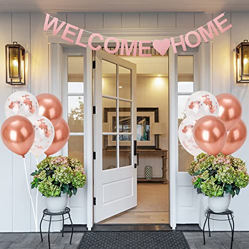 22 Pcs Welcome Home Banners y Globos,Pancartas de Bienvenida a Casa con Purpurina,20 Pcs Rose Gold Sequin Balloons,Globos de látex,2 M Cinta,Decoraciones para fiestas familiares