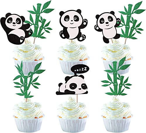 24 piezas Panda decoración para tartas con purpurina verde bambú cupcakes Toppers lindo animal oso tartas decoraciones Cake Toppers para bebé ducha niños cumpleaños panda tema fiesta suministros