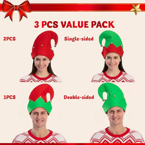 3 Paquetes de Sombreros de Fieltro de Duende Navideño, Sombreros de Fiesta de Navidad con Talla única Adapta Mayoría de Sombreros Unisex para Niños, Adolescentes y Adultos de Jingle Bells, Color Verde
