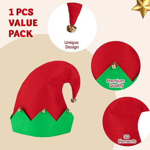 3 Paquetes de Sombreros de Fieltro de Duende Navideño, Sombreros de Fiesta de Navidad con Talla única Adapta Mayoría de Sombreros Unisex para Niños, Adolescentes y Adultos de Jingle Bells, Color Verde