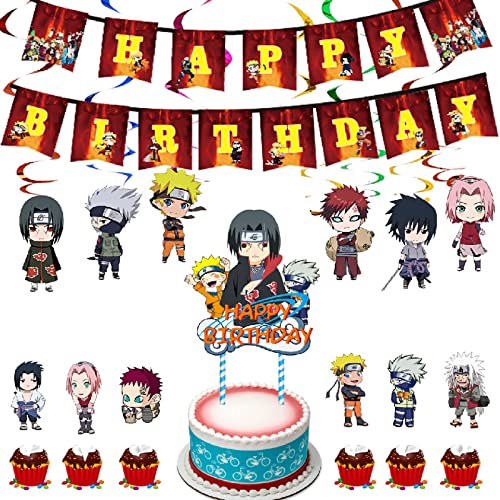 32 Piezas Decoracion Cumpleaños Naruto,Wopin Suministros de Cumpleaños Naruto,Naruto Banners de Cumpleaños Decoraciones Anime Remolinos Colgantes de Decoración,Naruto Decoracion Tartas