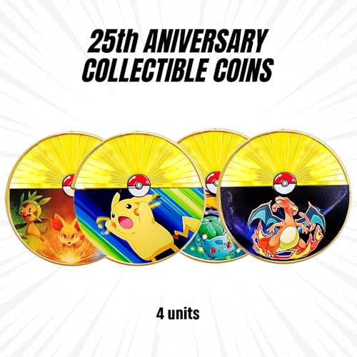 4 Monedas Doradas Pok Edición 25 Aniversario. Monedas Metálicas Pok Coleccionables Grabadas con Láser, con diseño 3D para niños y Adultos. Metal Gold Coin.