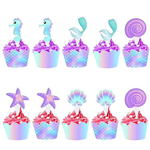 40 unidades de decoración de tartas de sirena, Cupcakes de Magdalenas Decoración y Cupcake Wrappers,Cupcake Toppers Wrappers para Infantiles Fiestas de Cumpleaños Decoración Suministros